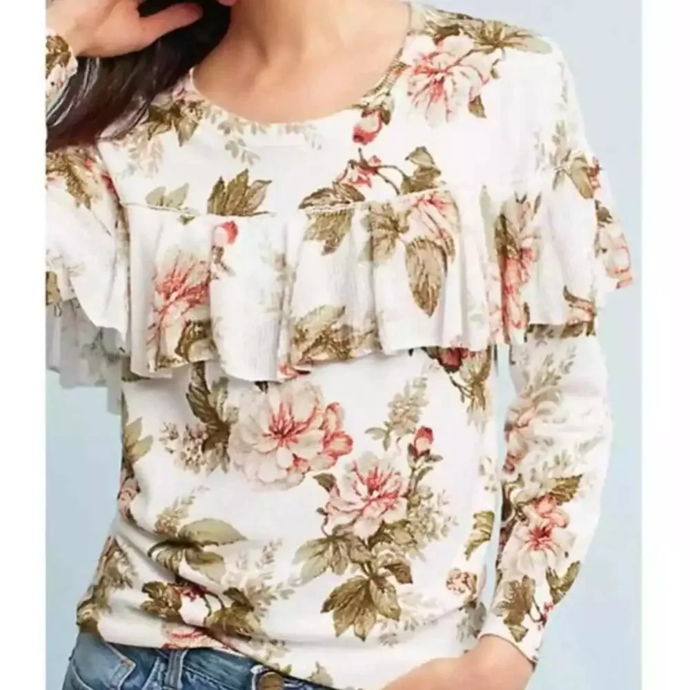 Harlyn Anthropologie Ritchie Floral Ruffled Sweater Size XS